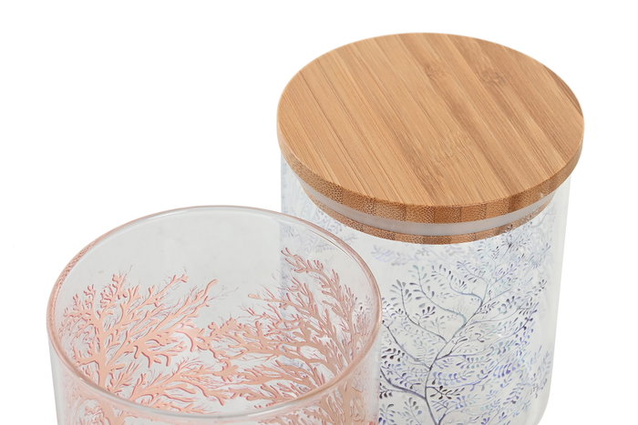 DKD Home Decor Coral 22 Bote Atlantico Azul Fucsia Borosilicato Bambú 10 x 12.5 x 10 cm 700ml Cierre Hermético