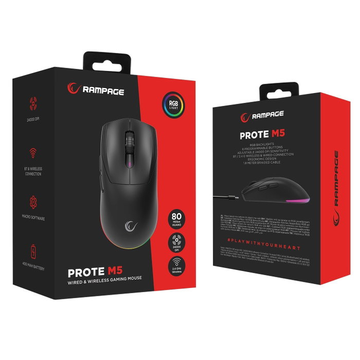 Rampage Prote M5 Ratón Inalámbrico 24000 DPI RGB LED 1kHz Negro