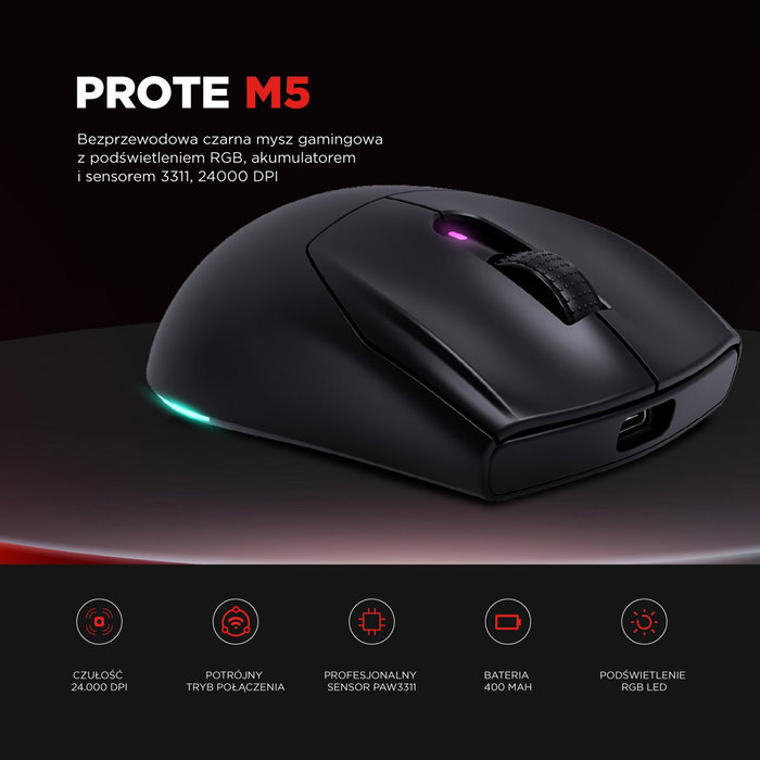Rampage Prote M5 Ratón Inalámbrico 24000 DPI RGB LED 1kHz Negro