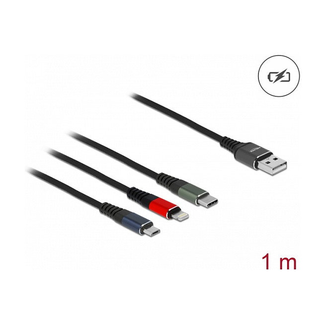 DeLOCK Cable de carga 3 en 1 USB-A a Lightning/Micro USB/USB Type-C 1 m