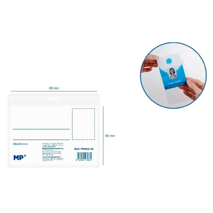 MP Funda portadocumentos de plástico 98 x 68 mm, 25 unidades, transparente con orificio MP Funda portadocumentos de plástico 98 x 68 mm, 25 unidades, transparente con orificio
