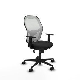 Silla de oficina Jorquera con mecanismo Sincro tapizada con Similpiel color Negro y malla color Blanco. Equipada con lumbar 1D, Brazos 1D y Ruedas 65mm nailon