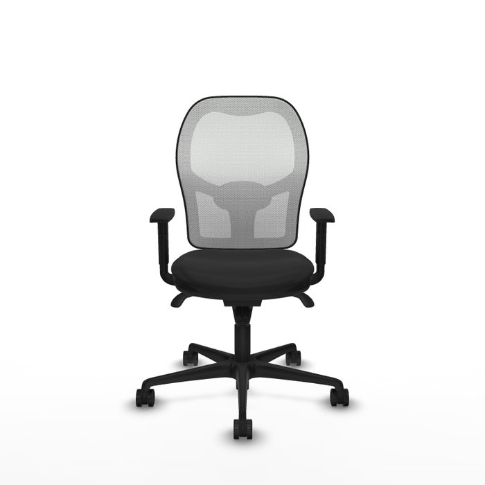 Silla de oficina Jorquera con mecanismo Sincro tapizada con Similpiel color Negro y malla color Blanco. Equipada con lumbar 1D, Brazos 1D y Ruedas 65mm nailon
