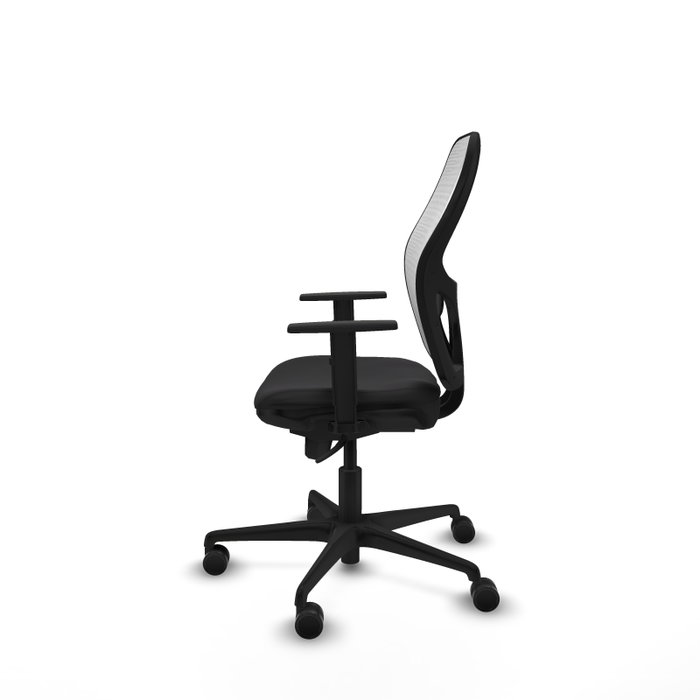Silla de oficina Jorquera con mecanismo Sincro tapizada con Similpiel color Negro y malla color Blanco. Equipada con lumbar 1D, Brazos 1D y Ruedas 65mm nailon