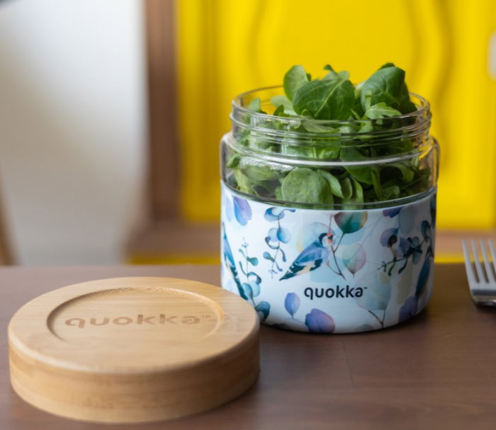 QUOKKA Recipiente de Comida de Cristal 820 ml con Funda Deli Blue Nature - Tartera Reutilizable