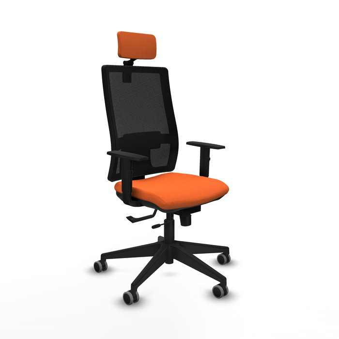 Silla de oficina Horna con mecanismo Sincro/Traslack tapizada con Tela color Naranja y malla color Negro. Equipada con lumbar 1D, Brazos 1D, Cabecero 2D y Ruedas 65 mm parqué Silla de oficina Horna con mecanismo Sincro/Traslack tapizada con Tela color Naranja y malla color Negro. Equipada con lumbar 1D, Brazos 1D, Cabecero 2D y Ruedas 65 mm parqué