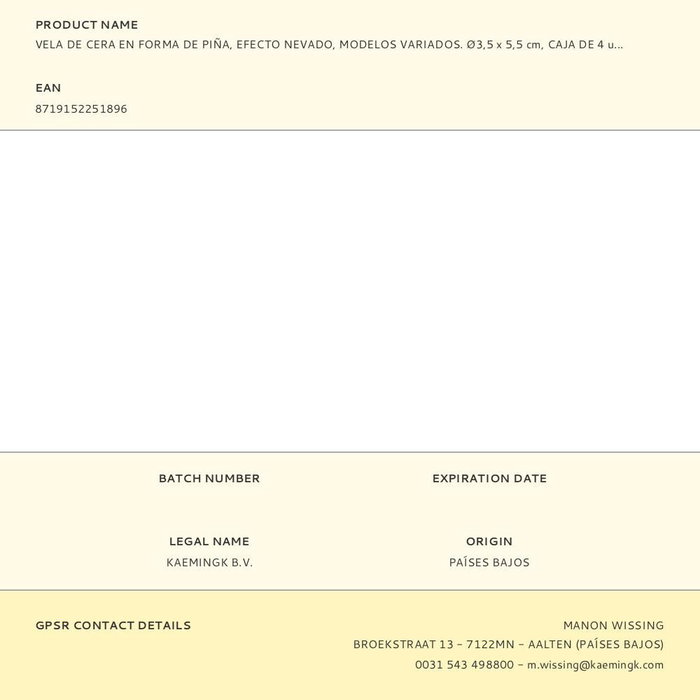 Basics Vela Piña Efecto Nevado Ø3,5 x 5,5 cm Caja 4 Unidades Cera Decorativa
