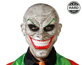 Máscara de Payaso Gris con Sonrisa Exagerada y Cejas Verdes para Disfraz de Terror