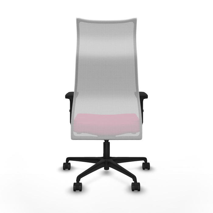 Sillón Albacete con mecanismo Sincro tapizada con Similpiel color Rosa y malla color Blanco. Equipado con Base nailon negra, Brazos 2D y Ruedas 65mm nailon