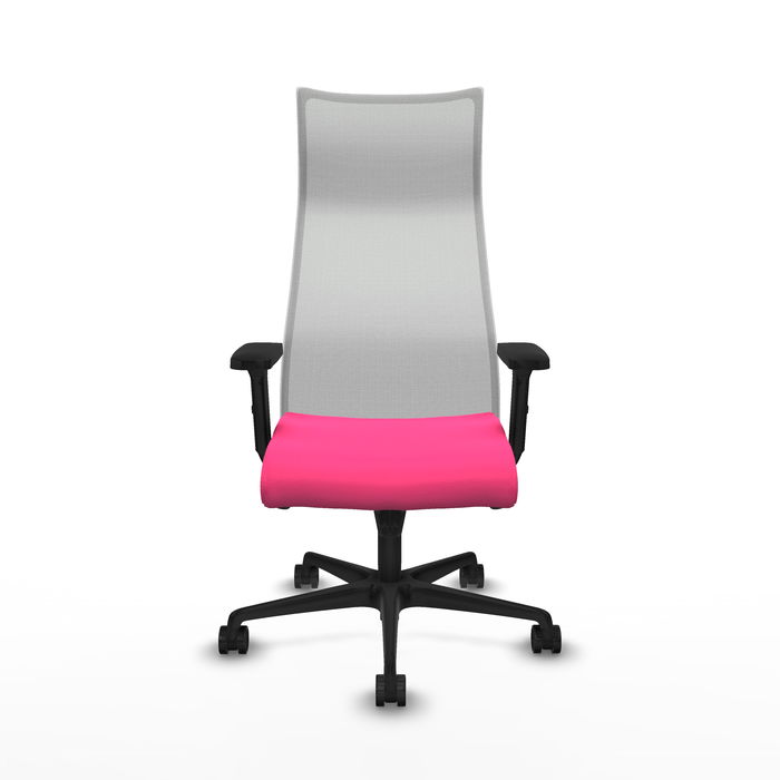 Sillón Albacete con mecanismo Sincro tapizada con Similpiel color Rosa y malla color Blanco. Equipado con Base nailon negra, Brazos 2D y Ruedas 65mm nailon