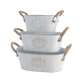 Decoris Cubo de Zinc Ovalado Vintage con Asas de Cuerda, Blanco, 3 Unidades (Grande 30x19x11.5 cm, Mediano 25.5x15.5x10 cm, Pequeño 20x12.5x9 cm)