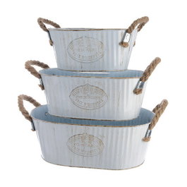 Decoris Set de 3 Cubos de Zinc Ovalados con Asas de Cuerda, Blanco Vintage