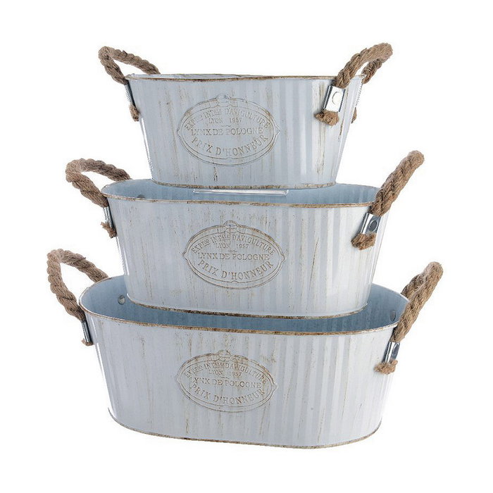 Decoris Set de 3 Cubos de Zinc Ovalados con Asas de Cuerda, Blanco Vintage