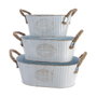 Decoris Set de 3 Cubos de Zinc Ovalados con Asas de Cuerda, Blanco Vintage
