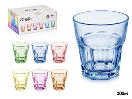 Vivalto Vaso de Vidrio 300 ml 8,6x9,5 cm Surtido 6 Colores Amarillo Azul Naranja Morado Rosa Verde (Set de 24)