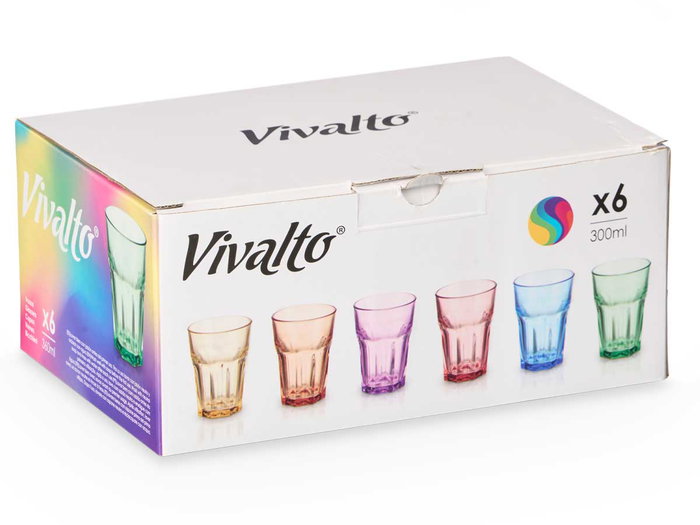 Vivalto Vaso de Vidrio 300 ml 8,6x9,5 cm Surtido 6 Colores Amarillo Azul Naranja Morado Rosa Verde (Set de 24) Vivalto Vaso de Vidrio 300 ml 8,6x9,5 cm Surtido 6 Colores Amarillo Azul Naranja Morado Rosa Verde (Set de 24)