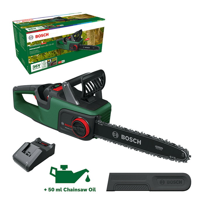 Bosch AdvancedChain 36V-35-40 Motosierra de Cadena Inalámbrica a Batería 36V 2Ah, Color Negro/Verde