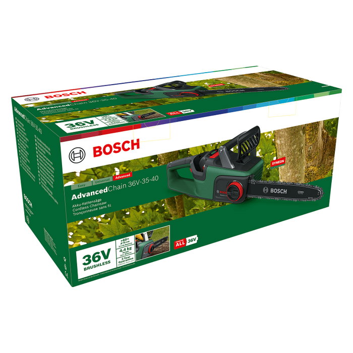Bosch AdvancedChain 36V-35-40 Motosierra de Cadena Inalámbrica a Batería 36V 2Ah, Color Negro/Verde