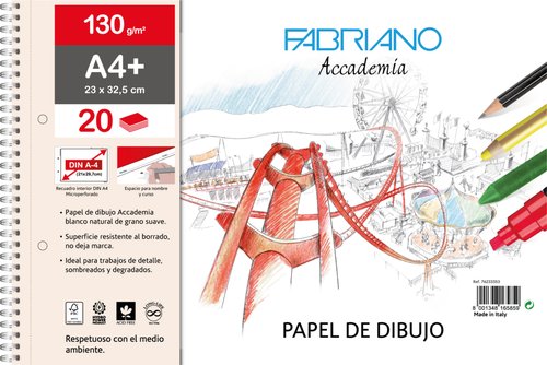 Fabriano Accademia Bloc de dibujo con espiral liso con recuadro, A4+, 130g, Set de 5 Fabriano Accademia Bloc de dibujo con espiral liso con recuadro, A4+, 130g, Set de 5