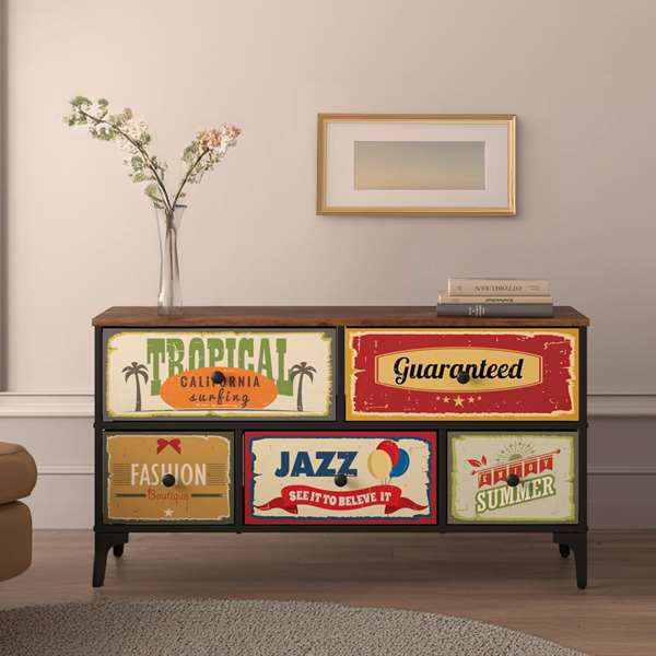Max Home Cómoda Vintage 5 Cajones 103x30x56 cm Acero MDF y Poliéster