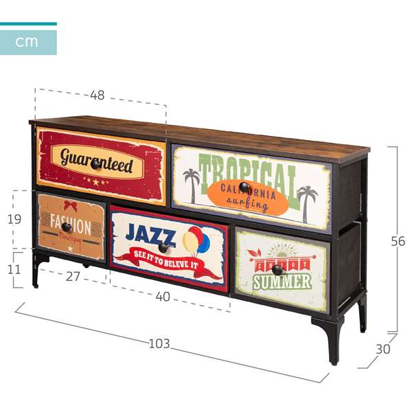 Max Home Cómoda Vintage 5 Cajones 103x30x56 cm Acero MDF y Poliéster