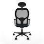 Silla de oficina Jorquera con mecanismo Sincro tapizada con Tela color Azul cielo y malla color Gris. Equipada con lumbar 1D, Brazos 1D, Cabecero Fijo y Ruedas 65mm nailon