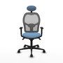 Silla de oficina Jorquera con mecanismo Sincro tapizada con Tela color Azul cielo y malla color Gris. Equipada con lumbar 1D, Brazos 1D, Cabecero Fijo y Ruedas 65mm nailon