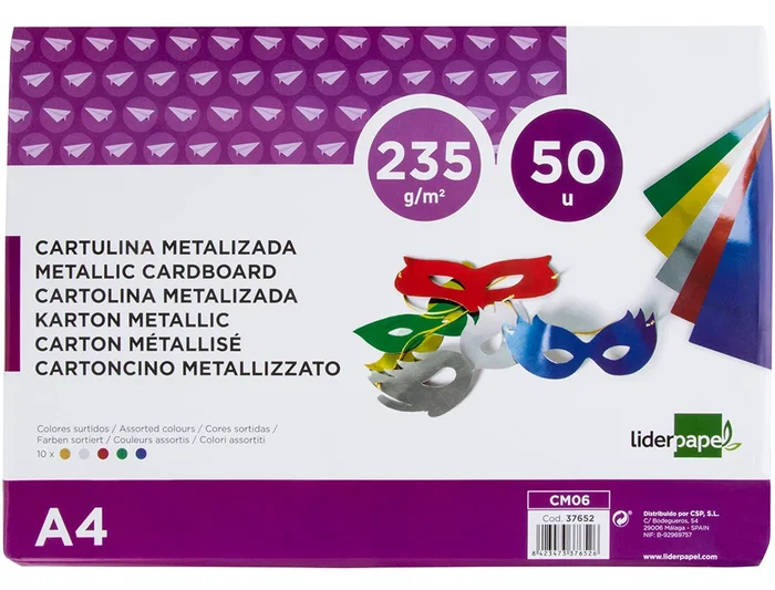 Liderpapel Cartulina A4 235 g/m2 Metalizada 5 Colores Surtidos Paquete 50 Hojas Manualidades y Cartelería