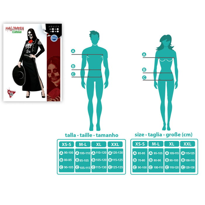 Disfraz de Esqueleto Mexicano para Mujer Talla XXL - Chaqueta Negra con Calavera y Falda