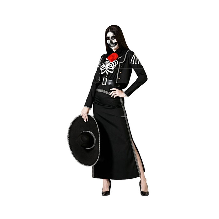 Disfraz de Esqueleto Mexicano para Mujer Talla XXL - Chaqueta Negra con Calavera y Falda