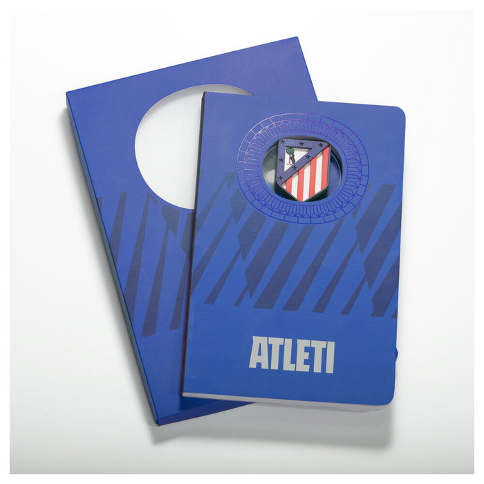 MOCILAB Cuaderno Oficial Atlético de Madrid con Escudo en 3D, 120 Hojas sin Pautar, Tamaño A6, Color Azul, Caja de Regalo