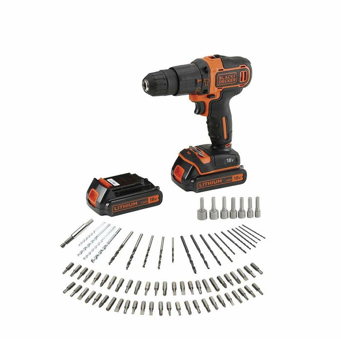 Black+Decker Kit de taladro percutor 18 V con 2 baterías de 1,5 Ah y 80 accesorios
