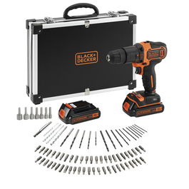 Black+Decker Kit Taladro Percutor 18V con 2 Baterías de Litio 1.5Ah, Cargador Rápido, 80 Accesorios y Maletín