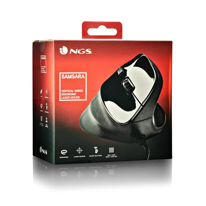 NGS SAMSARA Ratón Ergonómico Vertical para Mano Derecha, Silencioso, Laser, 3200 DPI, USB Tipo A, Negro