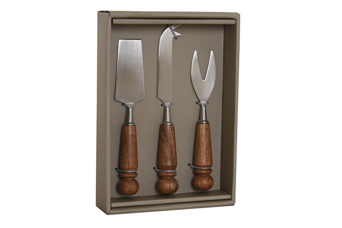 DKD Home Decor Cuchillo para Queso Plateado Natural Inox/Acacia, Set de 3 Piezas, 1.5 x 18.5 x 2.75 cm