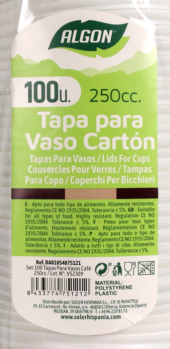 Algon Set 100 Tapas para Vasos de Café 250cc 8 x 8 x 0,8 cm (20 Unidades)