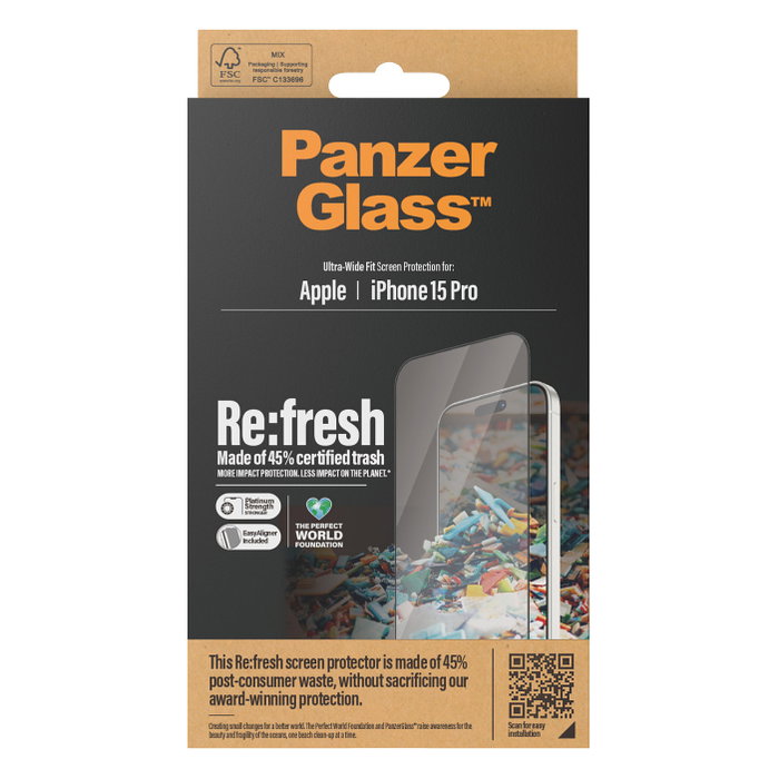 PanzerGlass Re:fresh Screen Protector para iPhone 15 Pro Ultra-Wide Fit con EasyAligner
