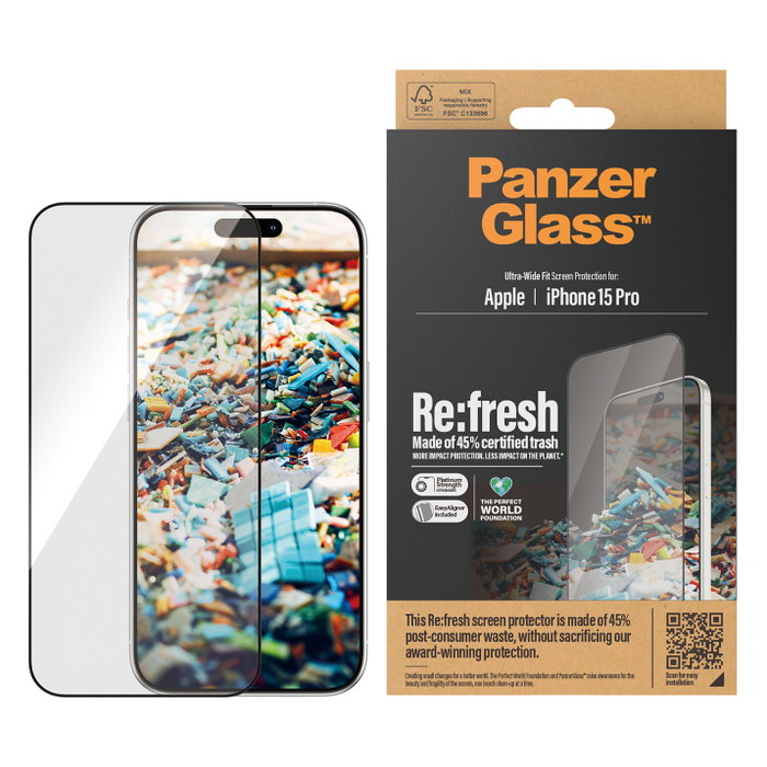 PanzerGlass Re:fresh Screen Protector para iPhone 15 Pro Ultra-Wide Fit con EasyAligner