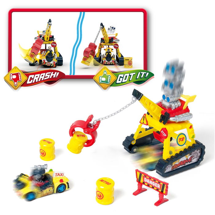 Magic Box T-Racers PTRSD014IN10 Turbo Crane Challenge Juguete Interactivo con Grúa Motorizada, Vehículo Exclusivo y Más de 500 Combinaciones para Niños +3 Años