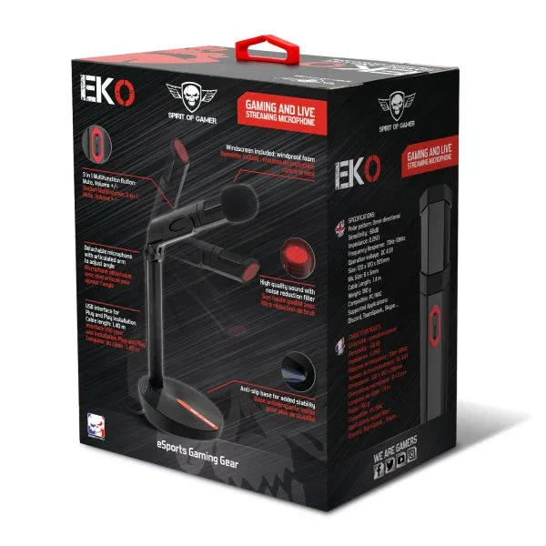 Spirit of Gamer MIC-EKO Micrófono para Videoconsola Negro - USB, Omnidireccional (70-10000 Hz), Plug & Play, Cable 1.4m