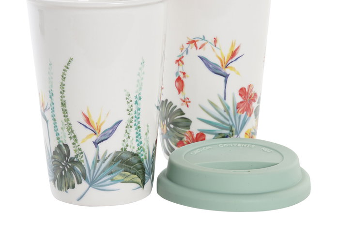 DKD Home Decor Mug Tropical Colección Tropic Garden Multicolor 10 x 14 x 10 cm (6 Unidades) Porcelana y Silicona 400ml