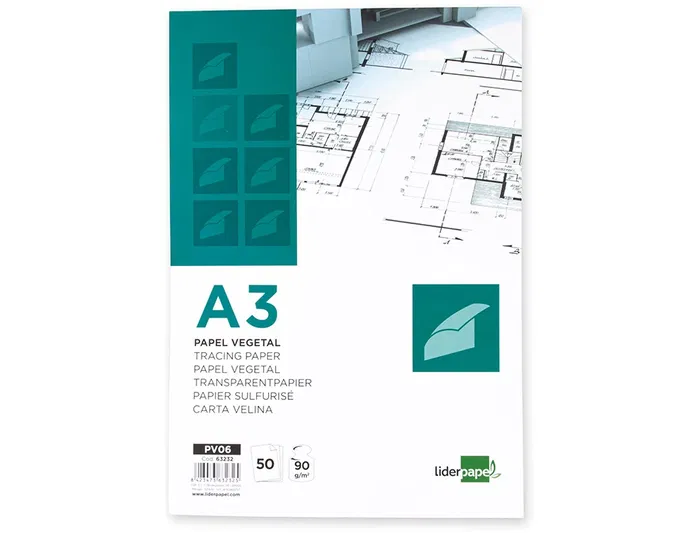 Liderpapel Bloc Papel Vegetal Encolado Din A3 297x420mm 90gr 50 Hojas
