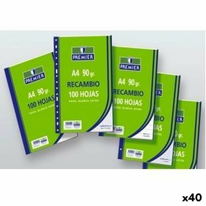 MANIPULADOS ZORRILLA Pack 40u Recambio A4 100h 4 Taladros 90g Cuadrícula 4x4 Premier