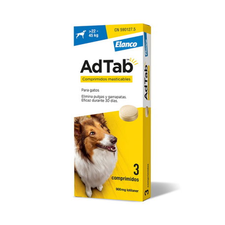 Elanco Adtab 900 mg 3 Comprimidos Masticables para Perros de 22-45 kg Elanco Adtab 900 mg 3 Comprimidos Masticables para Perros de 22-45 kg