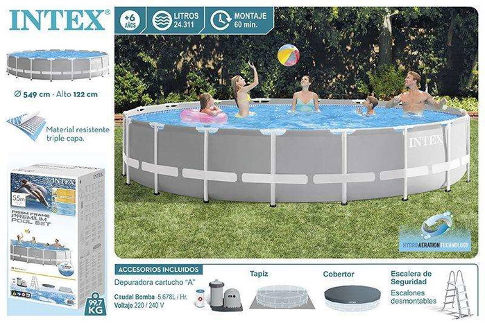 Intex Piscina Prism Frame Redonda 549x122 cm con Bomba de Filtro y Escalera