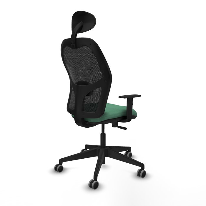 Silla de oficina Alocén con mecanismo Sincro tapizada con Tela color Verde esmeralda y malla color Negro. Equipada con lumbar 1D, Brazos 1D, Cabecero Fijo y Ruedas 65 mm parqué