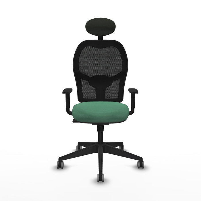 Silla de oficina Alocén con mecanismo Sincro tapizada con Tela color Verde esmeralda y malla color Negro. Equipada con lumbar 1D, Brazos 1D, Cabecero Fijo y Ruedas 65 mm parqué