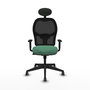 Silla de oficina Alocén con mecanismo Sincro tapizada con Tela color Verde esmeralda y malla color Negro. Equipada con lumbar 1D, Brazos 1D, Cabecero Fijo y Ruedas 65 mm parqué