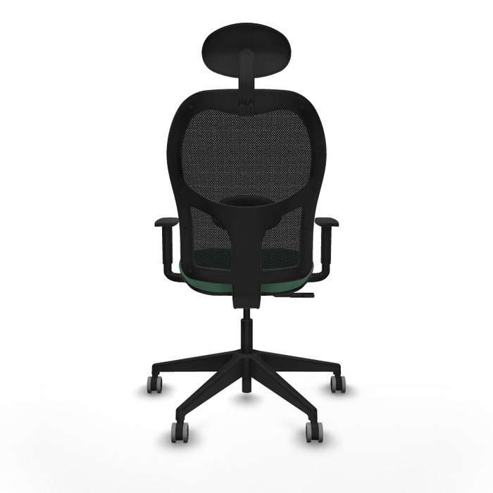 Silla de oficina Alocén con mecanismo Sincro tapizada con Tela color Verde esmeralda y malla color Negro. Equipada con lumbar 1D, Brazos 1D, Cabecero Fijo y Ruedas 65 mm parqué