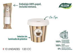 Algon Set 10 Vasos Cartón para Café con Tapa 120cc (20 Unidades)